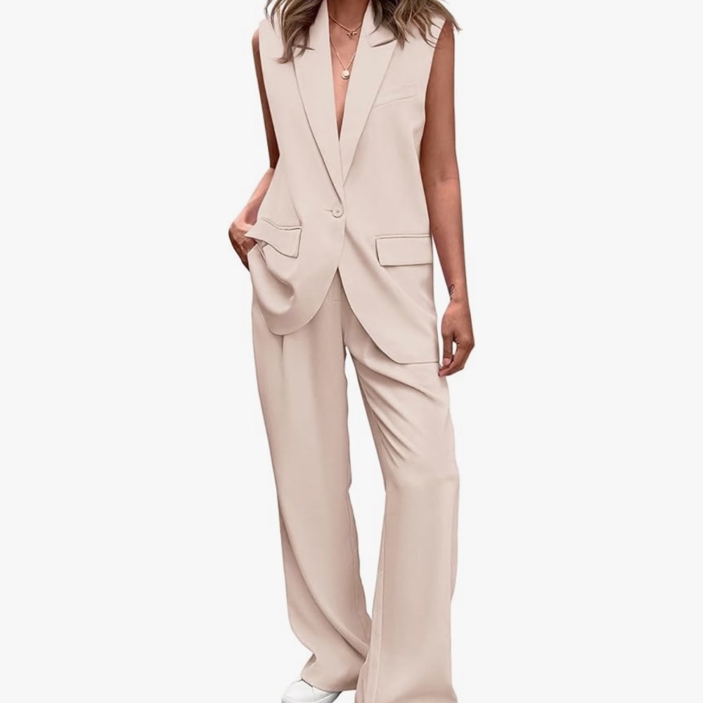 PRETTYGARDEN 2 Piece Blazer Suits V Neck Sleeveless Vest Wide Leg Pants